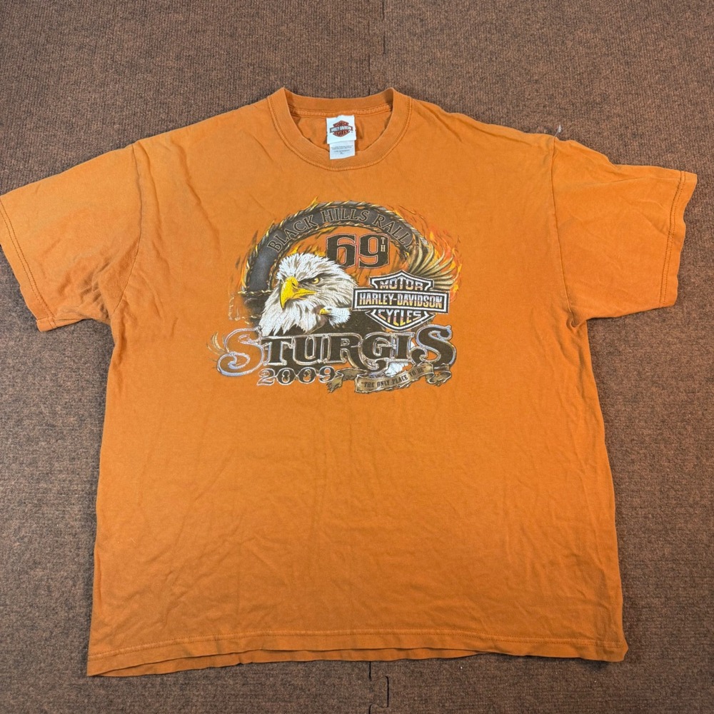 Harley-Davidson Sturgis 2009 T-Shirt Mens XL Orange Black Hills Rally 69th Eagle